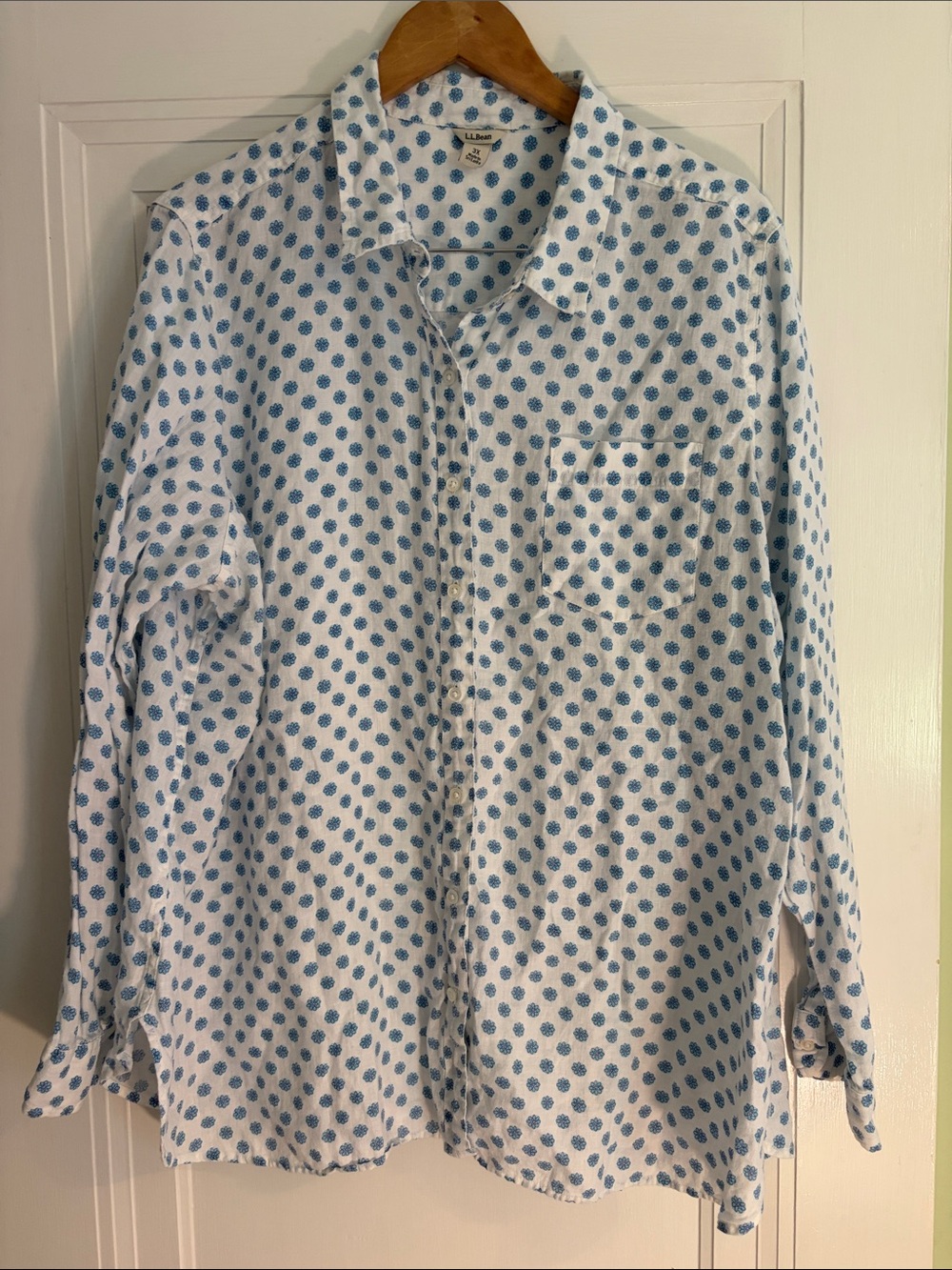 L.L. Bean Linen White Button-Down Shirt with Blue Floral Print